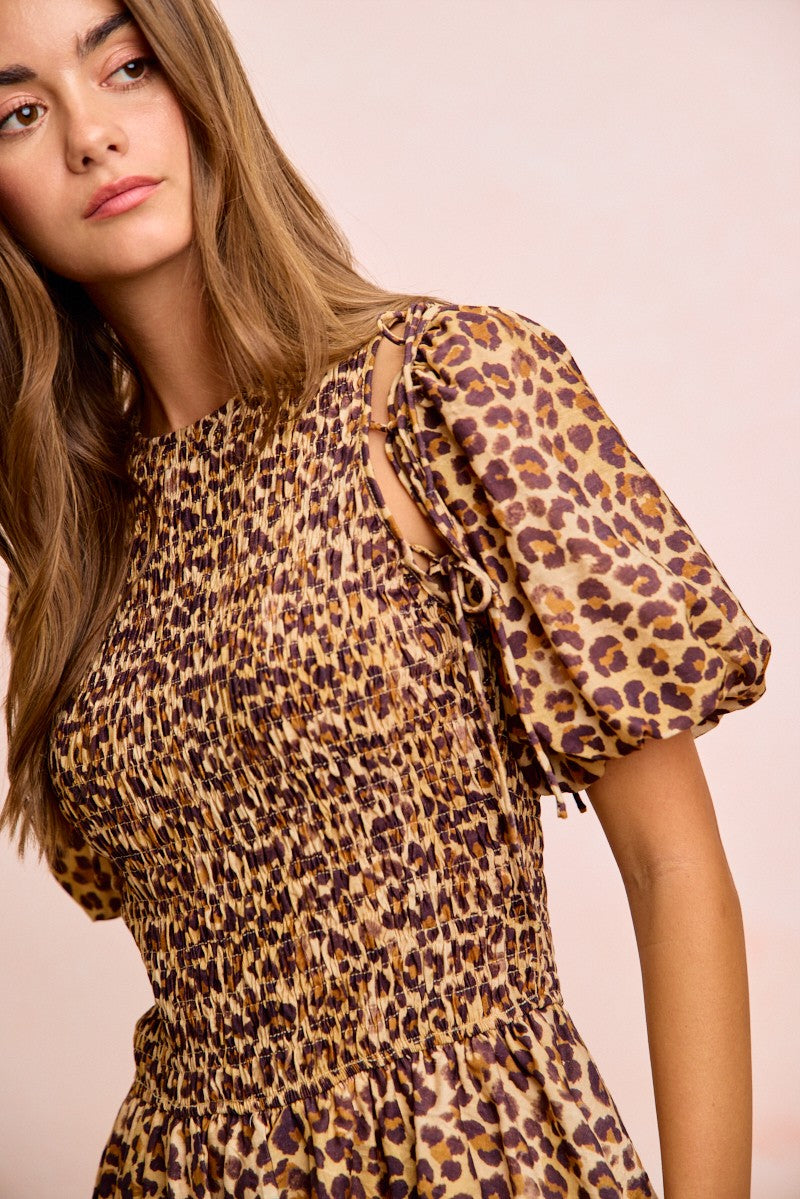 Leopard Smocked Puff Sleeve Mini Dress -