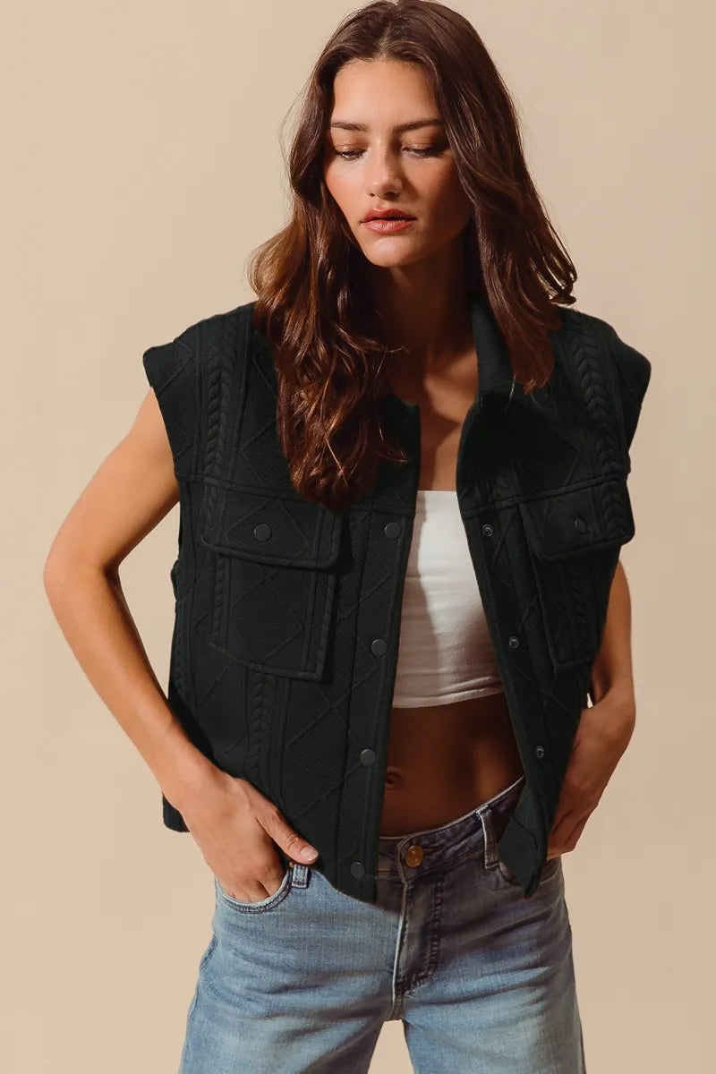 Cable Quilted Button Up Knit Vest - BLACK Main image