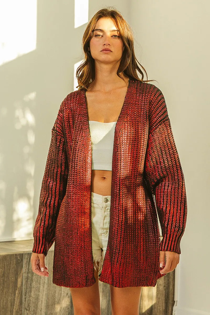 Metallic Knit Open Front Cardigan -
