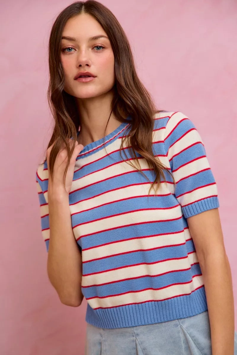Striped Short Sleeve Knit Sweater -