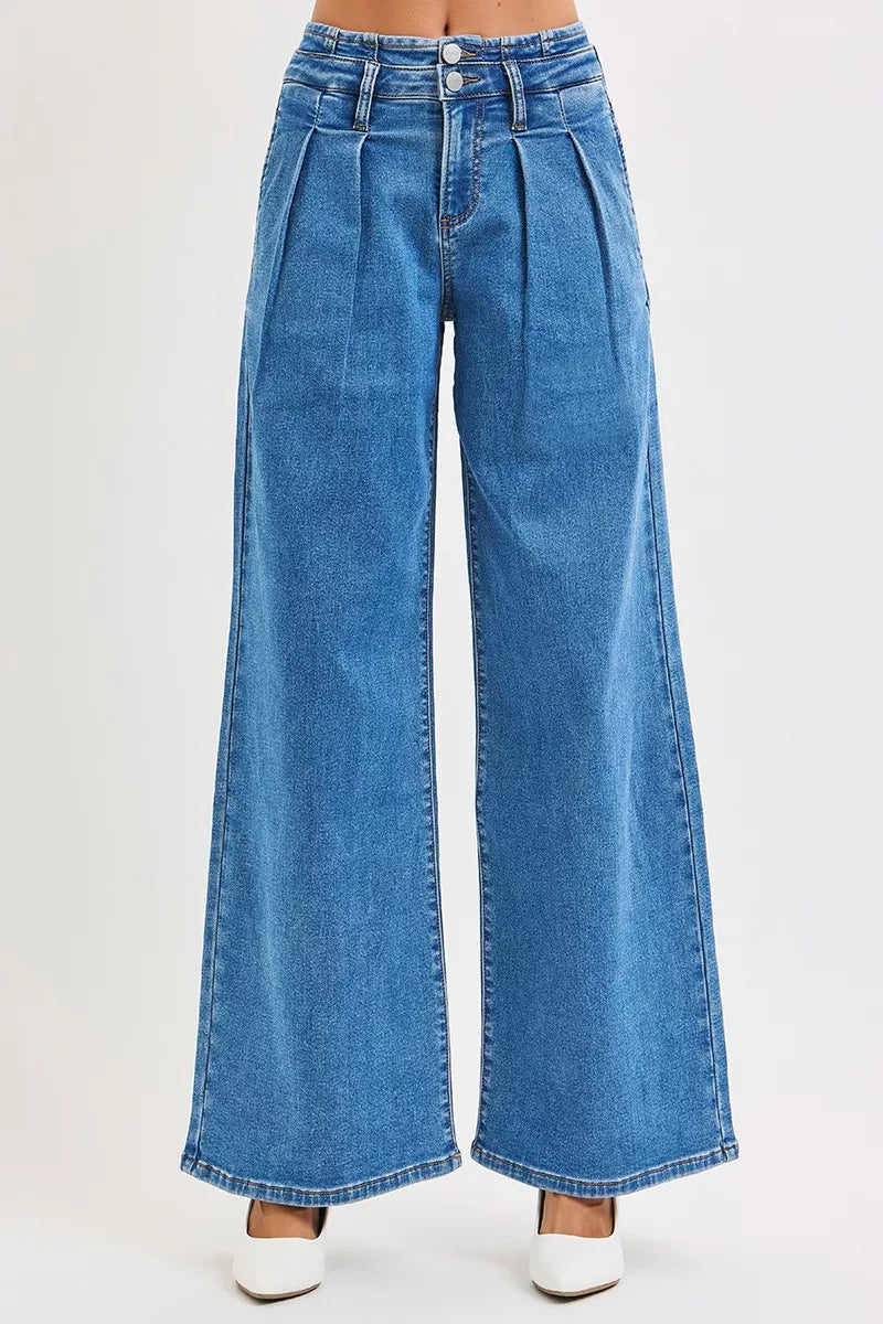 Mid Rise Pleated Wide Leg Jeans -