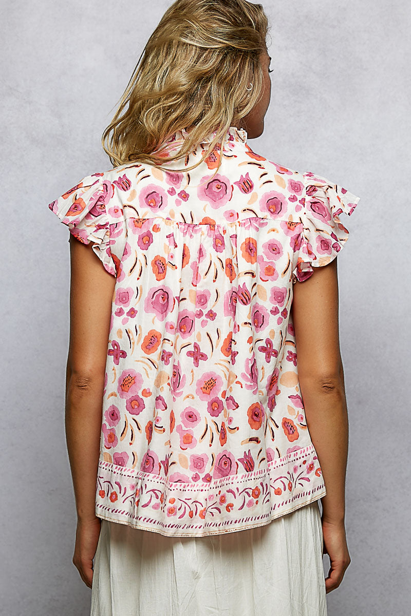 Tassel Tie Floral Flutter Blouse -
