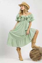 Textured Ruffle Sleeve Midi Dress -