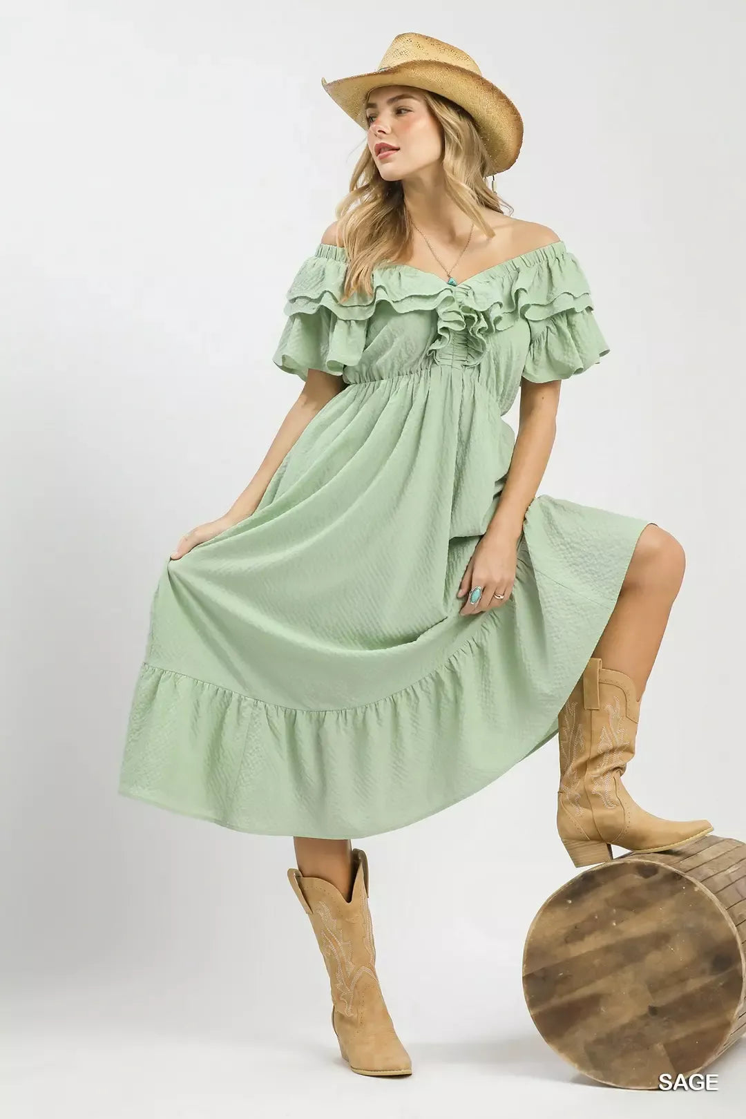Textured Ruffle Sleeve Midi Dress -
