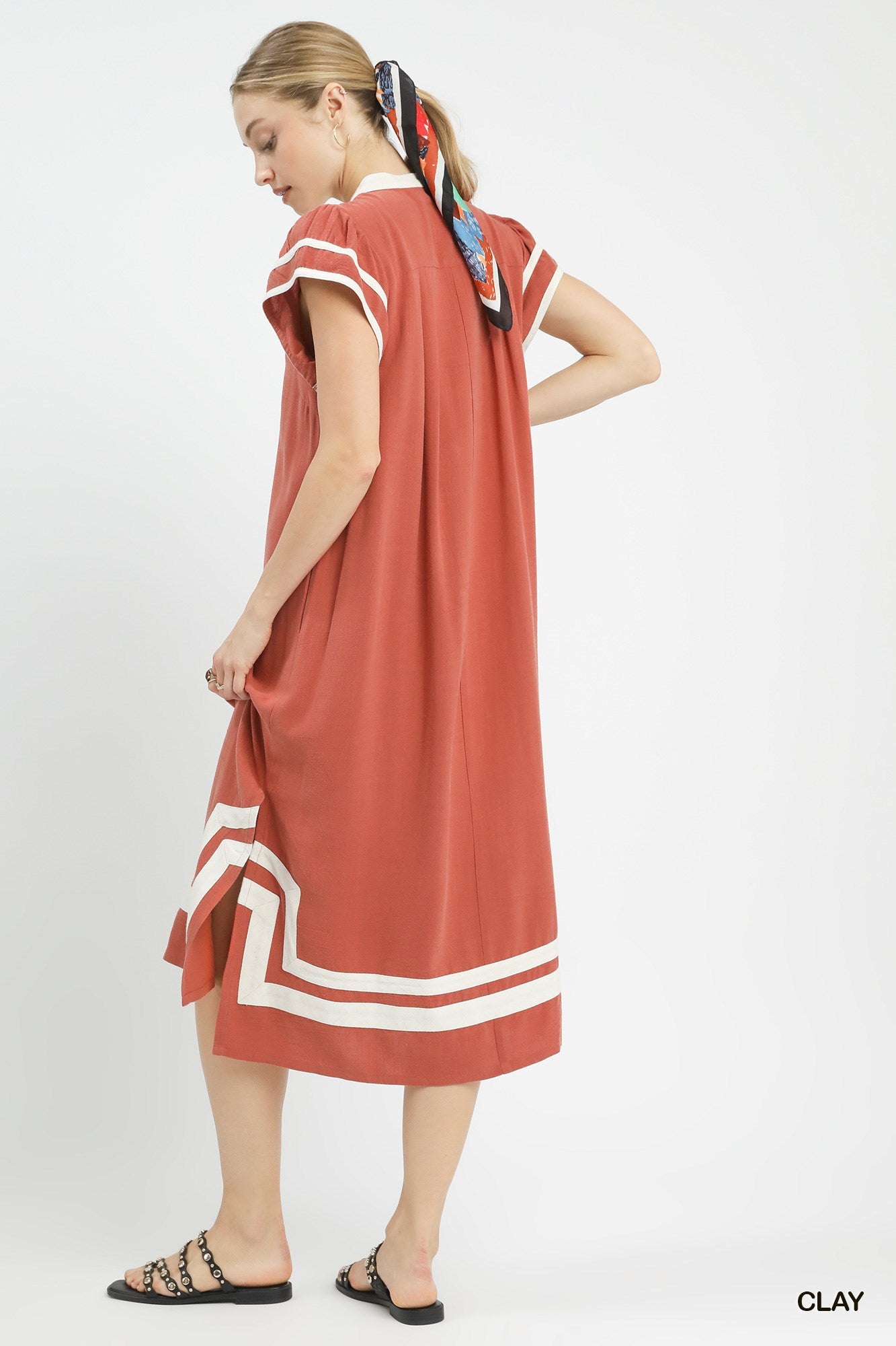 Contrast Neckline Linen Midi Dress -