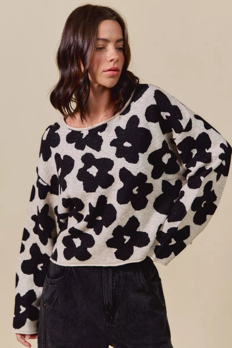 Loose Floral Knit Lightweight Sweater - BLACK OATMEAL