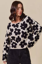 Loose Floral Knit Lightweight Sweater - BLACK OATMEAL