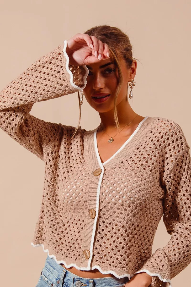 Scallop Trim Open Knit Cardigan -