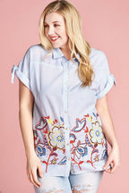 Striped Embroidered Collared Blouse - 1XL