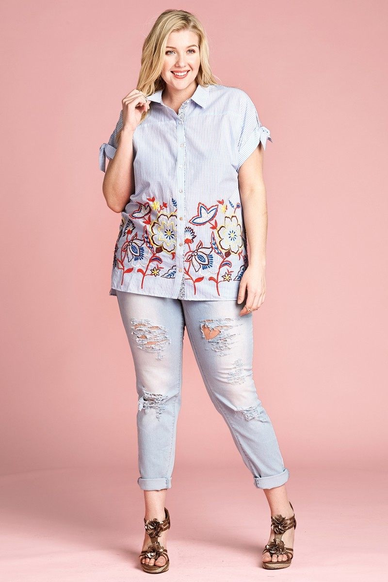 Striped Embroidered Collared Blouse Secondary image