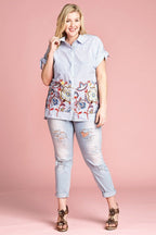 Striped Embroidered Collared Blouse -