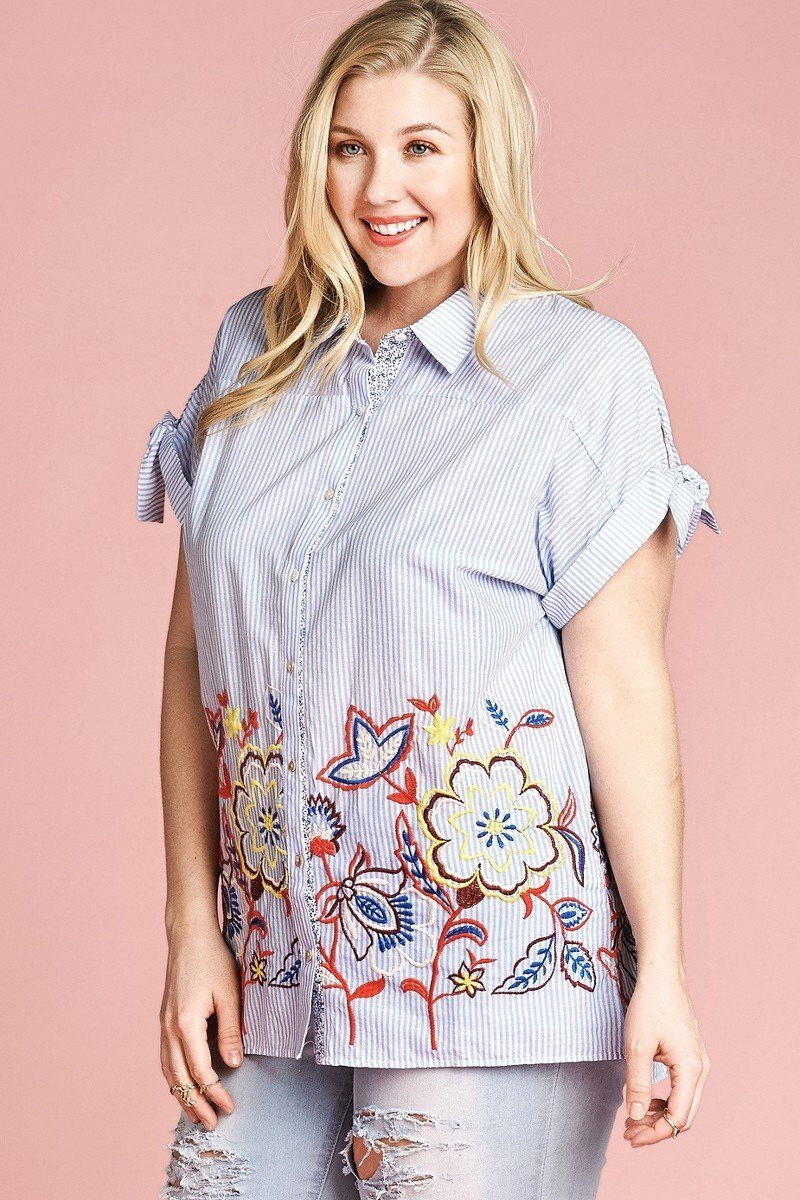Striped Embroidered Collared Blouse -