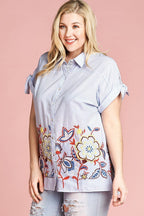 Striped Embroidered Collared Blouse -