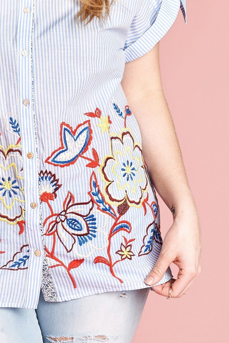 Striped Embroidered Collared Blouse -