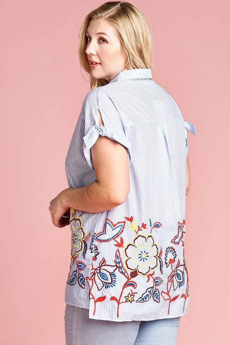Striped Embroidered Collared Blouse -