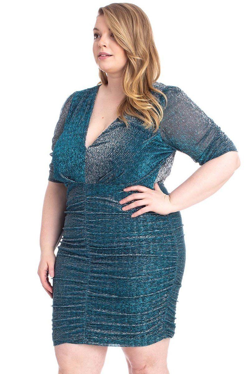 Teal Metallic Shirred Mini Dress Secondary image