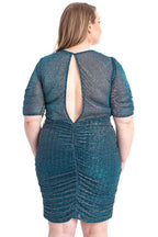 Teal Metallic Shirred Mini Dress -