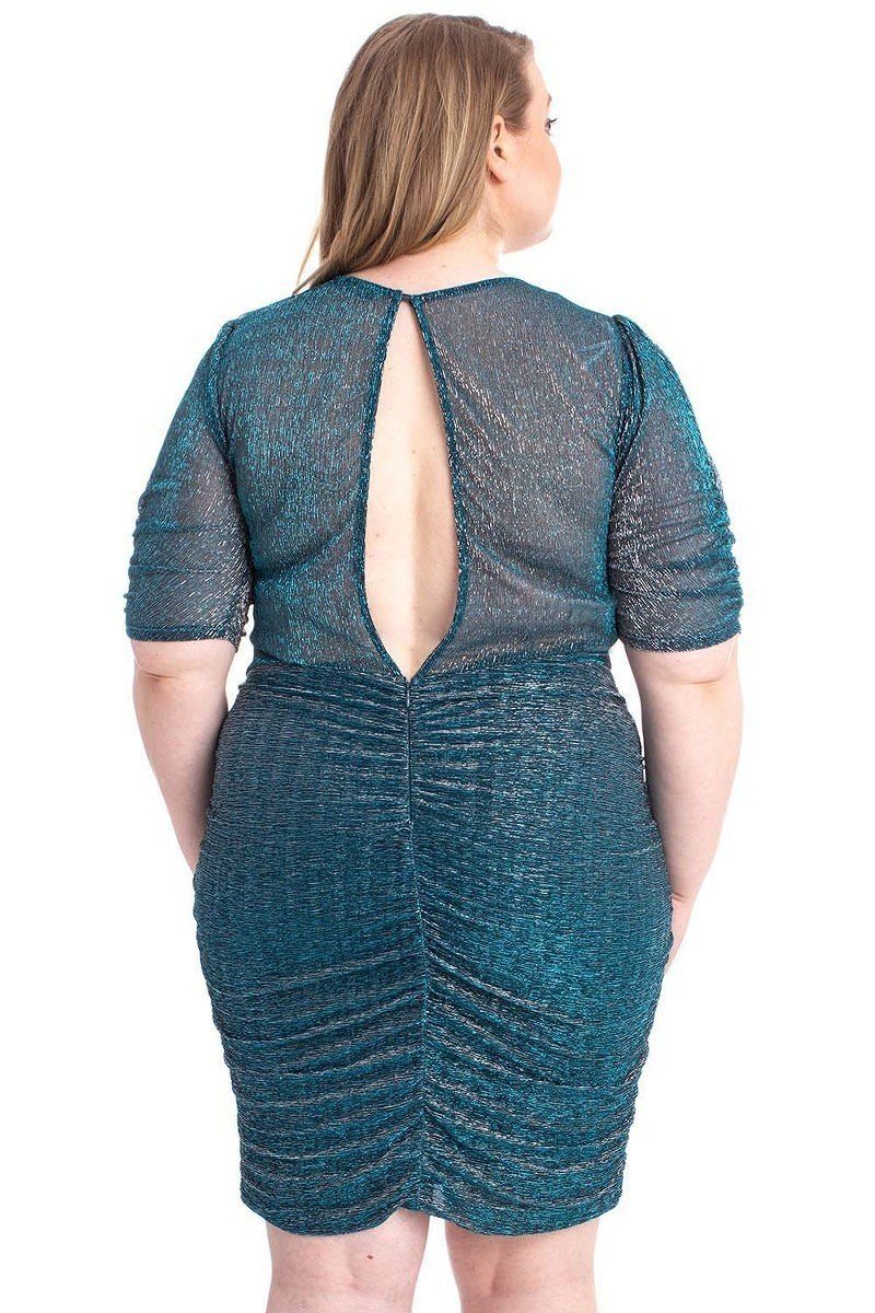 Teal Metallic Shirred Mini Dress -