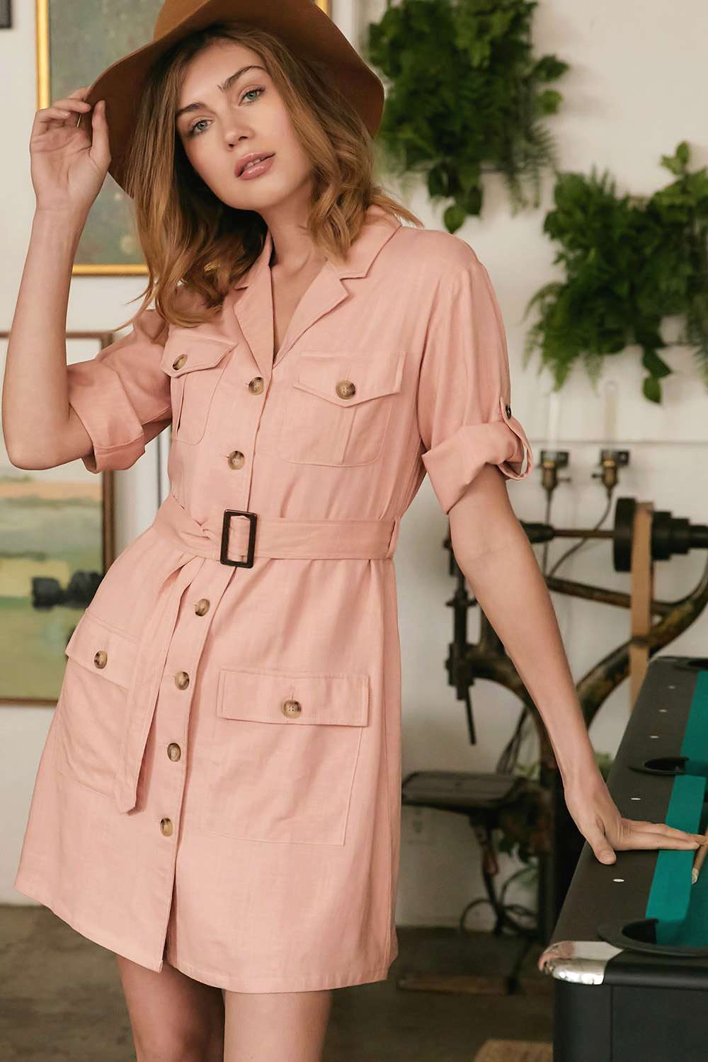 Belted Button Front Shirt Dress -