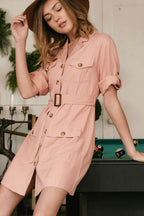 Belted Button Front Shirt Dress -