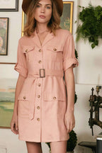Belted Button Front Shirt Dress -