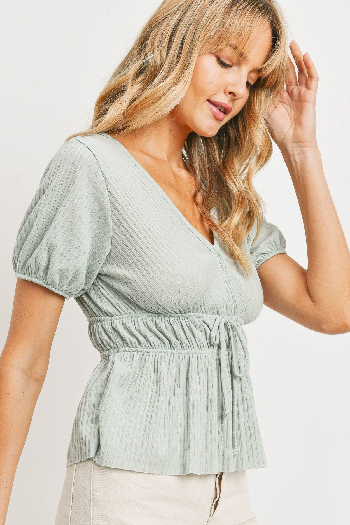 Ribbed Front Tie Peplum Blouse -