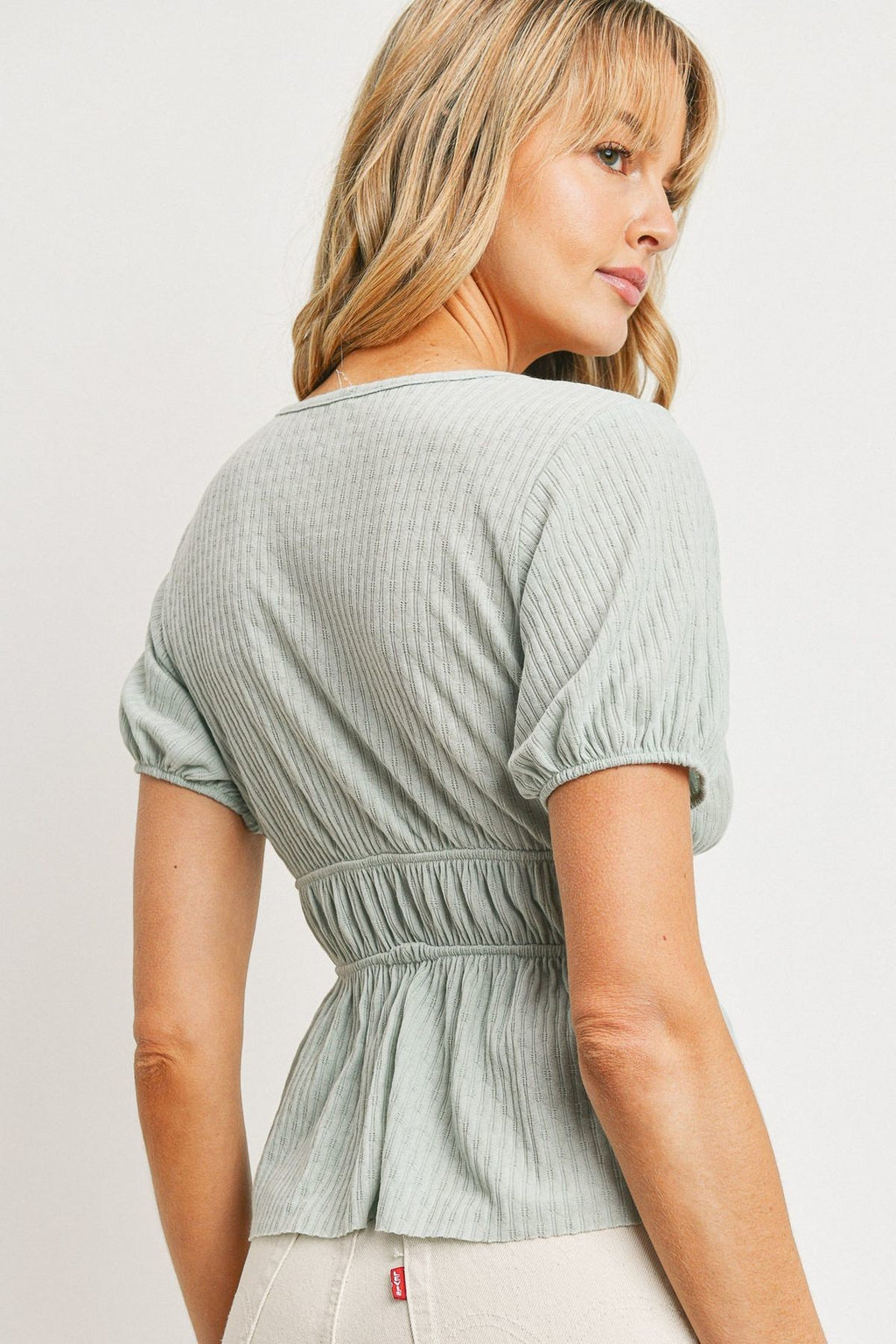 Ribbed Front Tie Peplum Blouse -