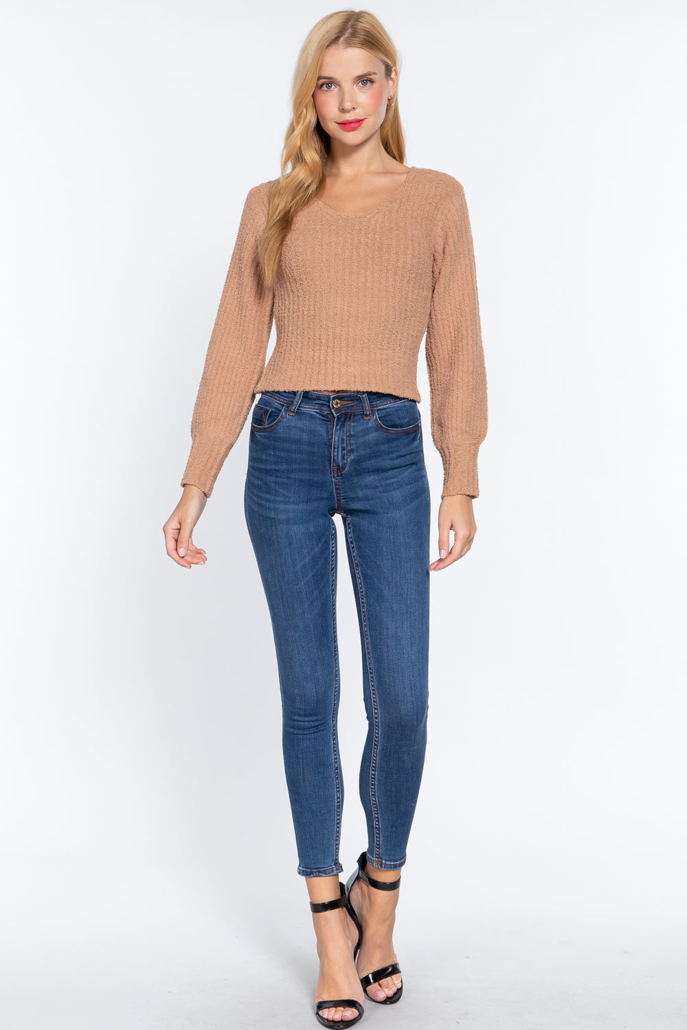 Puff Sleeve Rib Knit Sweater -