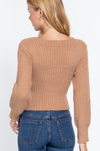 Puff Sleeve Rib Knit Sweater -