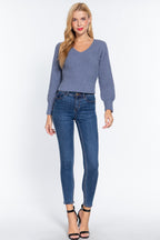 Puff Sleeve Rib Knit Sweater -