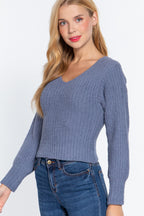 Puff Sleeve Rib Knit Sweater -