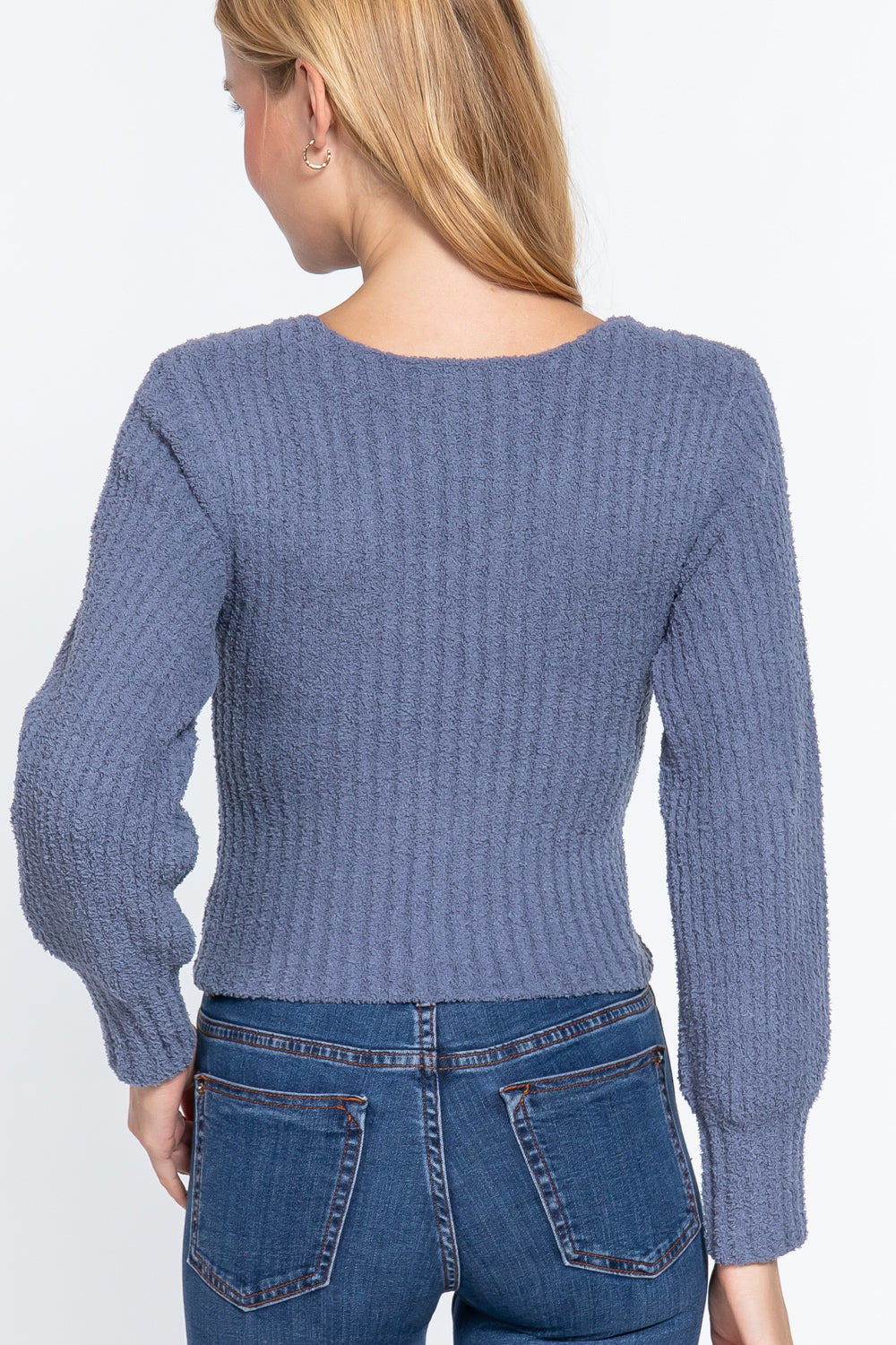 Puff Sleeve Rib Knit Sweater -