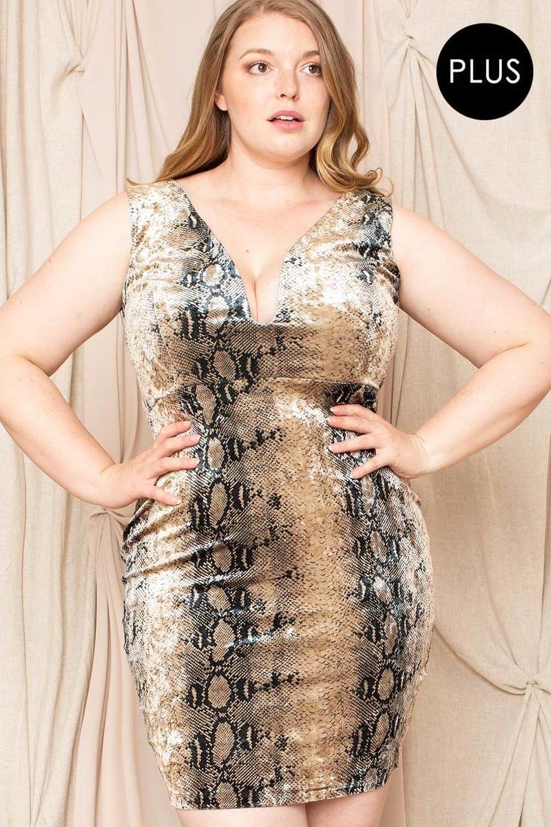 Mocha Snake Print Velvet Mini Dress -