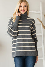 Grey Striped Turtleneck Knit Sweater -