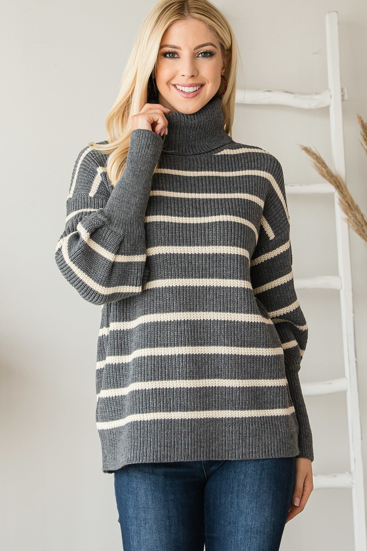 Grey Striped Turtleneck Knit Sweater -