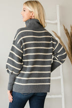 Grey Striped Turtleneck Knit Sweater -