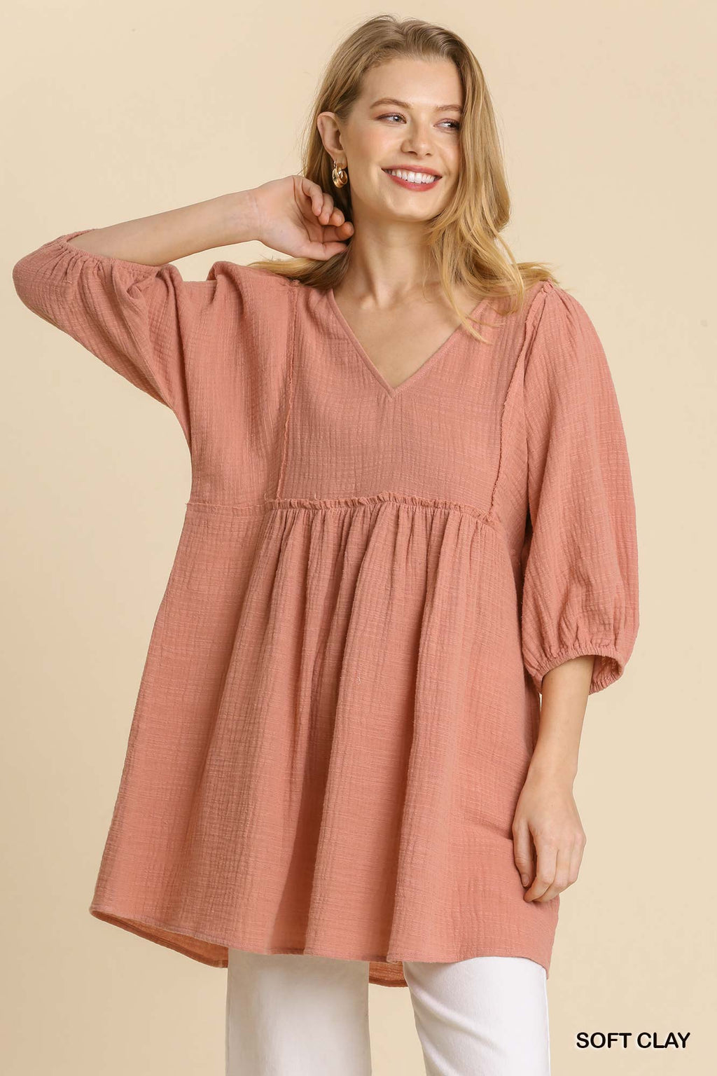 Textured V-Neck Frayed Tunic Dress -