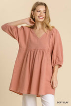Textured V-Neck Frayed Tunic Dress -