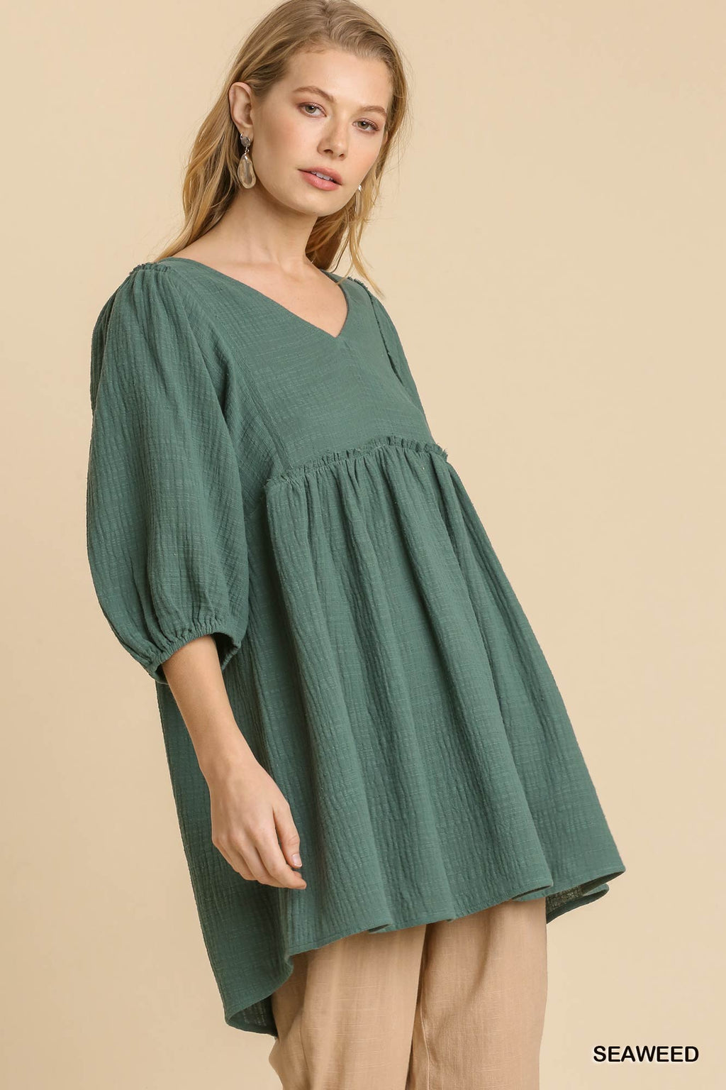 Textured V-Neck Frayed Tunic Dress -