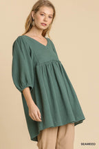 Textured V-Neck Frayed Tunic Dress -