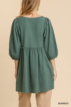 Textured V-Neck Frayed Tunic Dress -