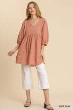 Textured V-Neck Frayed Tunic Dress - Soft Clay