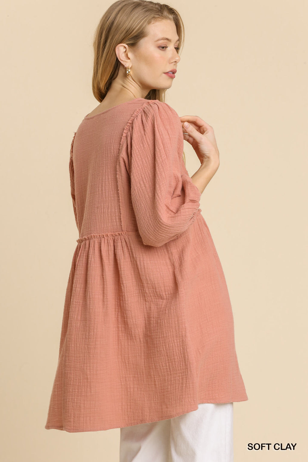 Textured V-Neck Frayed Tunic Dress -