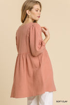 Textured V-Neck Frayed Tunic Dress -