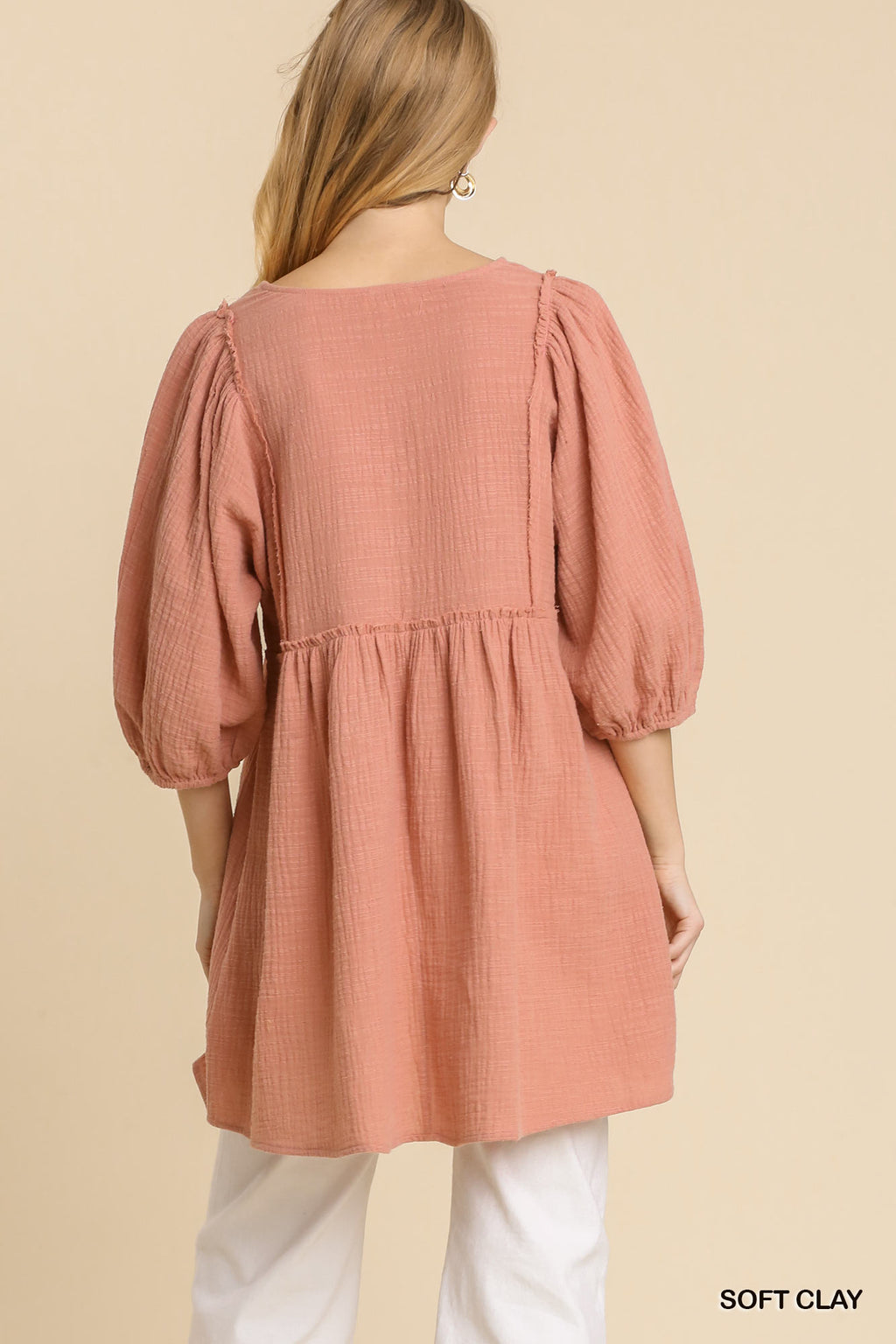 Textured V-Neck Frayed Tunic Dress -