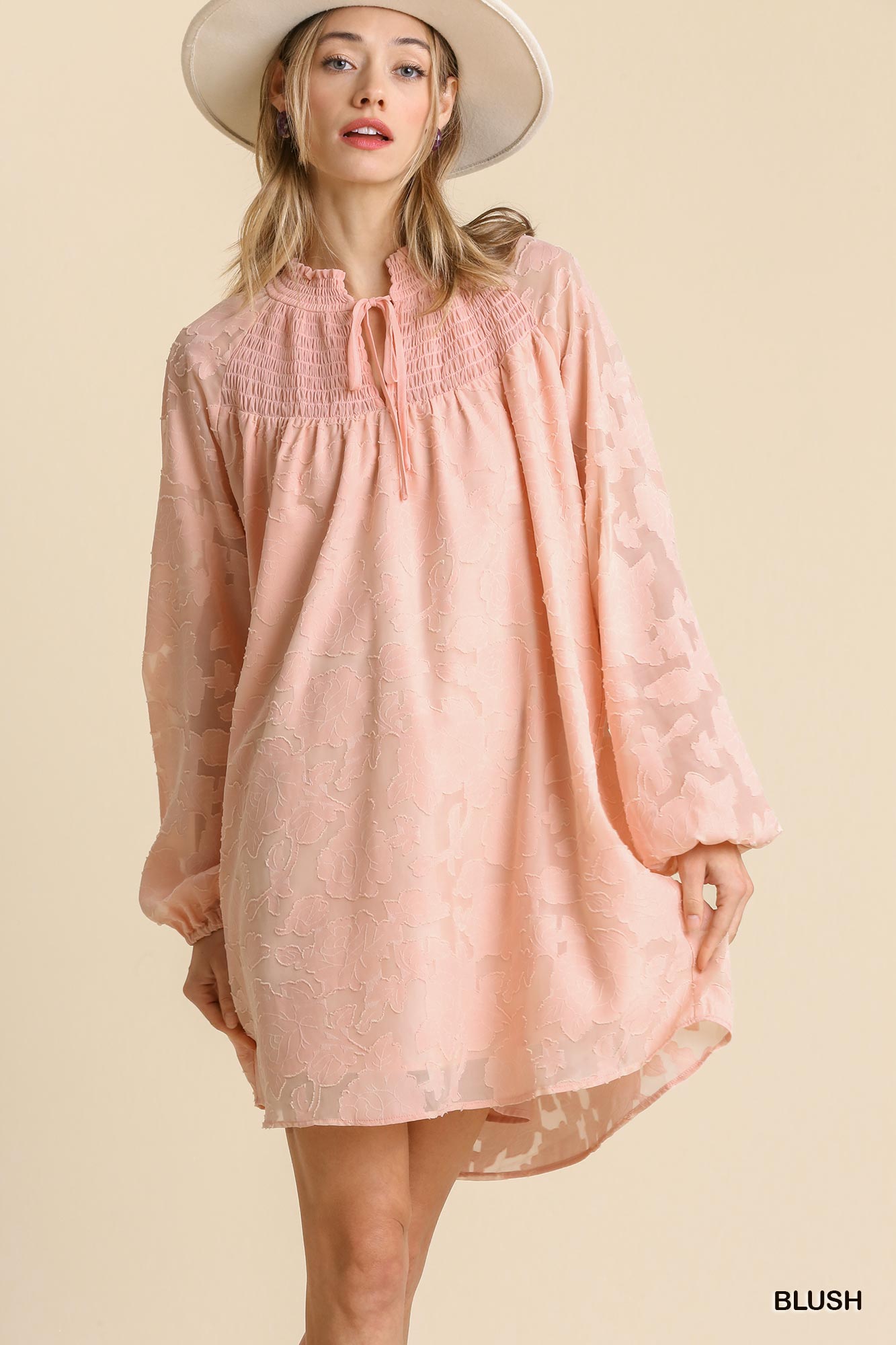Jacquard Tie Neck Smocked Dress Secondary image