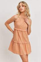 Textured Tiered Halter Mini Dress - L