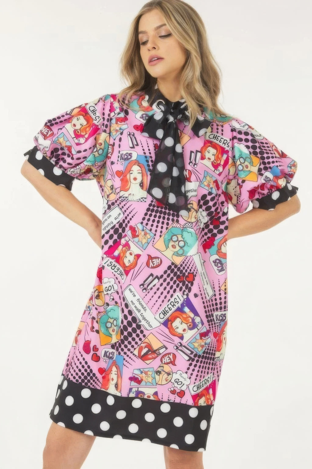 Printed Polka Dot Trim Midi Dress -