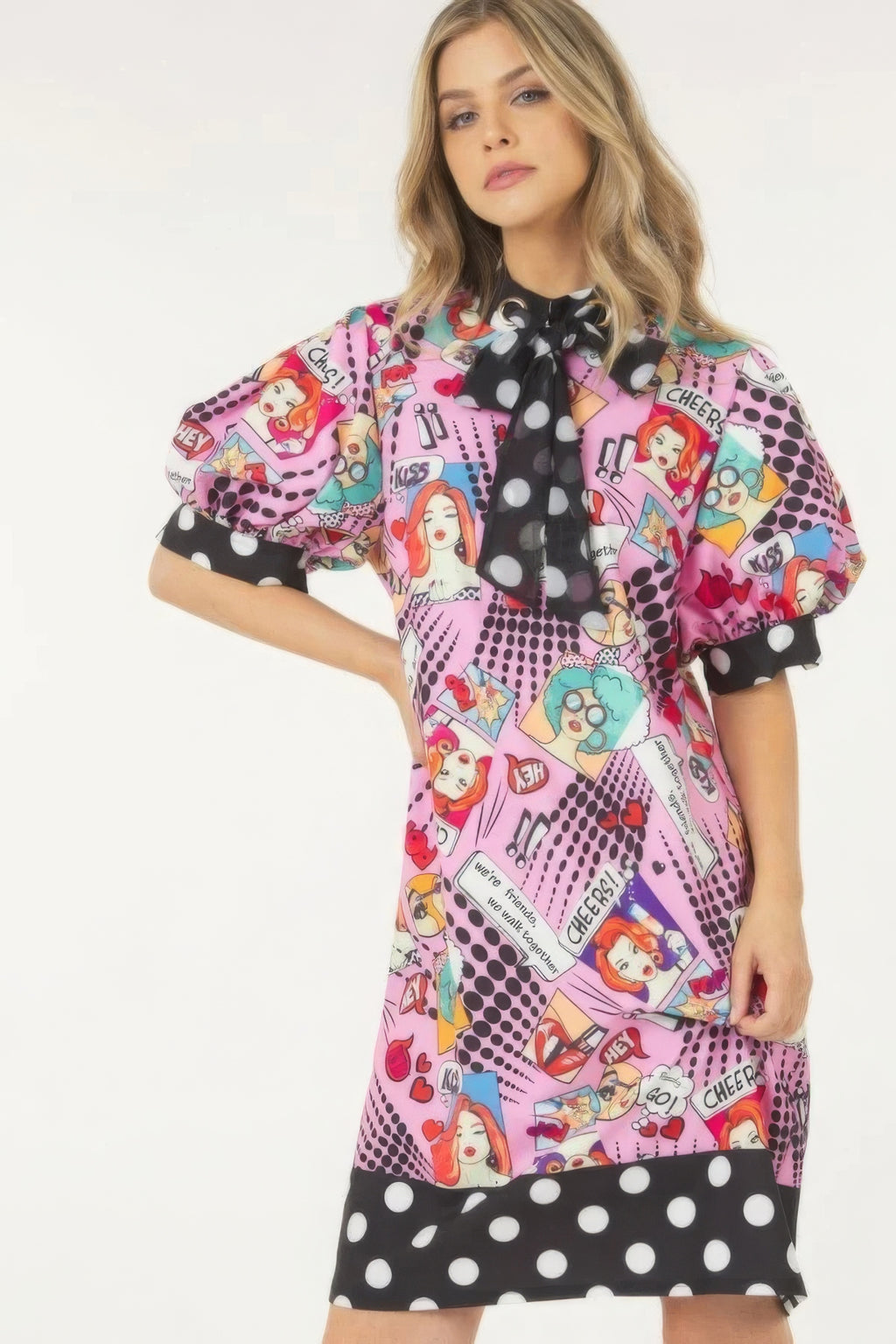 Printed Polka Dot Trim Midi Dress -