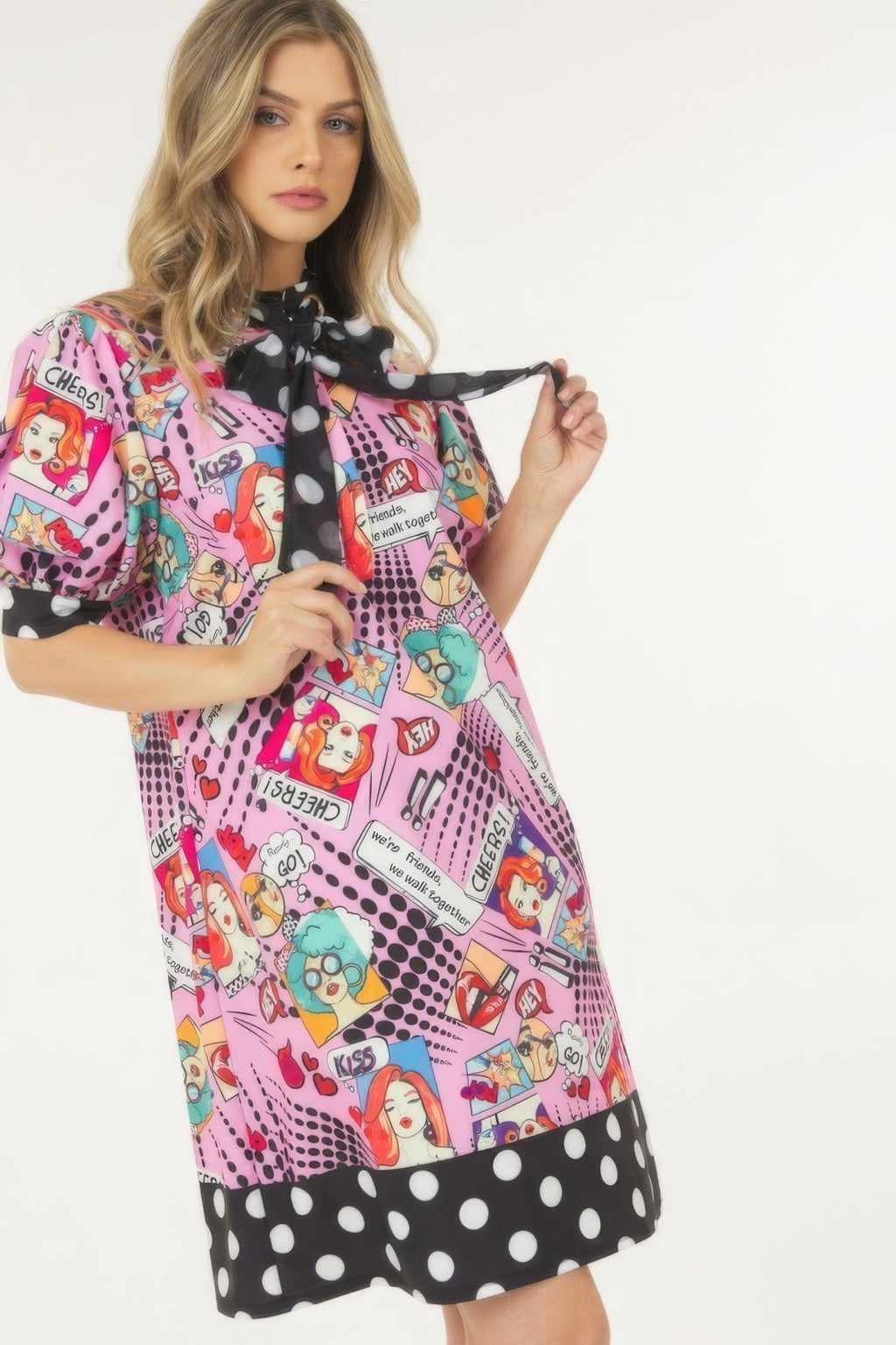Printed Polka Dot Trim Midi Dress -